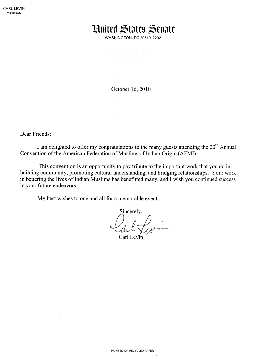 You are currently viewing Senator Carl Levin Letter – 2010